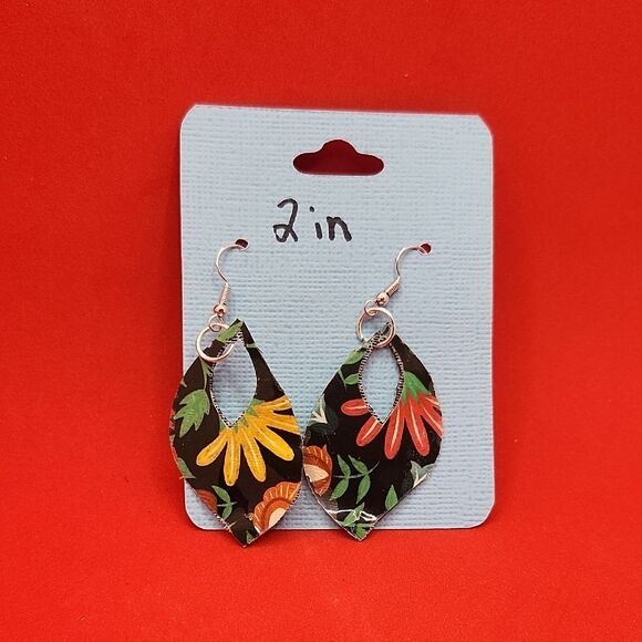 Hand Crafted Jewelry - Hand Crafted Dangle Earring Faux Leather Floral Drop - Multicolor